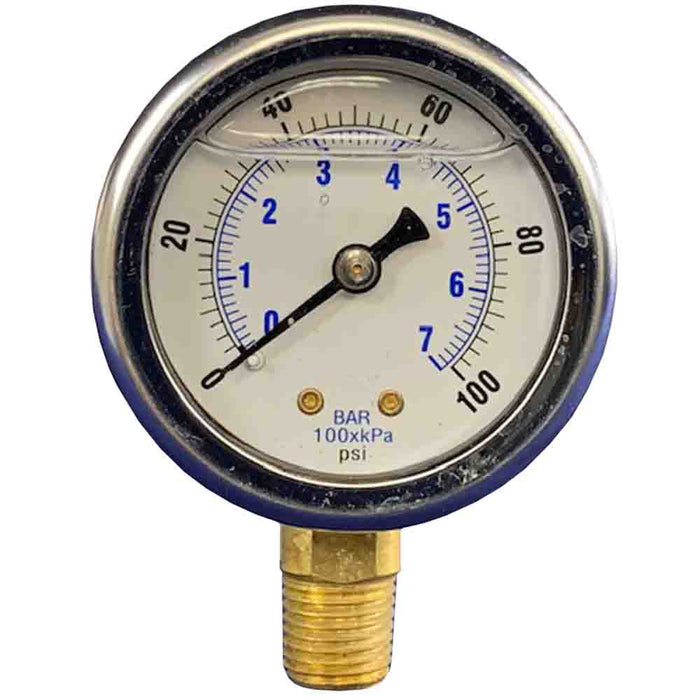 0-100 psi Liquid Filled Pressure Gauges, 1/4" NPT, Bottom Mount, 2" Face, 201L-204E