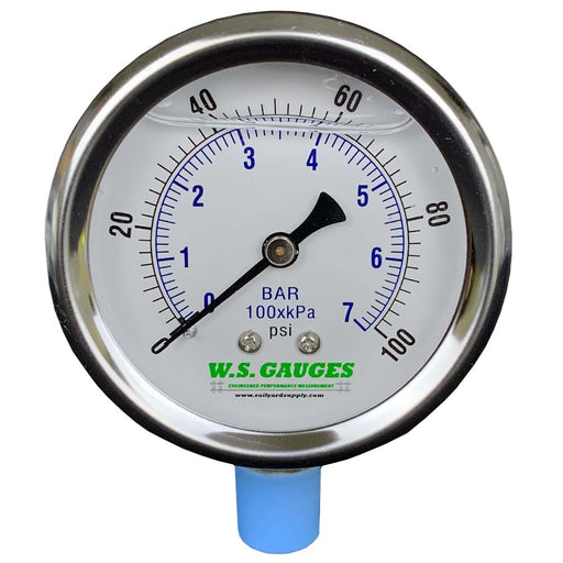 0-100 psi Liquid Filled Pressure Gauges, 1/4" NPT, Bottom Mount, 2.5" Face, 201L-254E