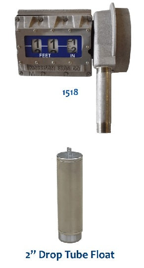 mechanical tank gauge, 1518 tank gauge
fuel tank level indicator, liquid level gauge for tanks, horizontal tank gauge, vertical tank gauge, tank level measurement device, stainless steel float gauge, vapor-tight tank gauge,  easy-to-read tank gauge, tank gauge for 25-foot tanks, metric tank gauge (centimeters), cast aluminum tank gauge, industrial tank level gauge, Morrison Brothers Co, FIG 1518, Standard Float, 2 Inch Drop Tube Float, 4 Inc Drop Tube Float. 