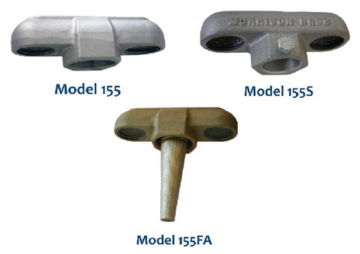 Morrison Brothers Co, 155, 155S, 155FA, Double Outlet Vent With Flash Arrester, T-style open vent used primarily on small storage tanks, Dual openings directed downward, Screen keeps debris out of the tank, Flash arrester on 155FA prevents sparks from entering the tank (155FA only), 155 has NPT female threads, 155BSP has BSPT threads, 155S is slip-on with set screw, 