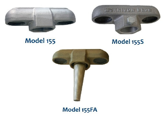 Morrison Brothers Co, 155, 155S, 155FA, Double Outlet Vent With Flash Arrester, T-style open vent used primarily on small storage tanks, Dual openings directed downward, Screen keeps debris out of the tank, Flash arrester on 155FA prevents sparks from entering the tank (155FA only), 155 has NPT female threads, 155BSP has BSPT threads, 155S is slip-on with set screw, 