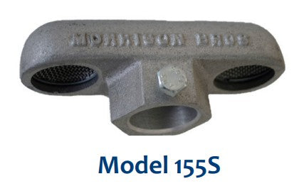 Morrison Brothers Co, 155, 155S, 155FA, Double Outlet Vent With Flash Arrester, T-style open vent used primarily on small storage tanks, Dual openings directed downward, Screen keeps debris out of the tank, Flash arrester on 155FA prevents sparks from entering the tank (155FA only), 155 has NPT female threads, 155BSP has BSPT threads, 155S is slip-on with set screw, 