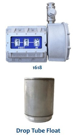 Mechanical tank gauge, Vertical tank level indicator, 1618 tank gauge
Fuel tank level gauge, Liquid level measurement gauge, Industrial tank gauge, Stainless steel float gauge
Cast aluminum tank gauge, Easy-to-read tank gauge, Ground-level tank reading, Vapor-sealed gauge lens
Drop tube float gauge, Metric tank gauge (centimeters), 50-foot tank gauge, 30-foot viewing distance gauge
Single pipe connection gauge. Morrison Brothers Co, 1618, Floats, Standard, Drop Tube Float. Tank mount bracket