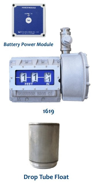 Morrison Brothers Co. 1619, 1619M, Mechanical vertical tank gauge, 1619 tank gauge with alarm relay, Vertical tank level indicator, Industrial tank level gauge, Fuel tank level measurement device, Gauge for vertical tanks up to 50 feet, Tank gauge for oil, fuel, or water storage,  Industrial liquid level monitoring,  External alarm box compatible gauge, Uni-Strut tank mounting bracket gauge. Battery Power Module. Standard Float, Drop Tube Float.