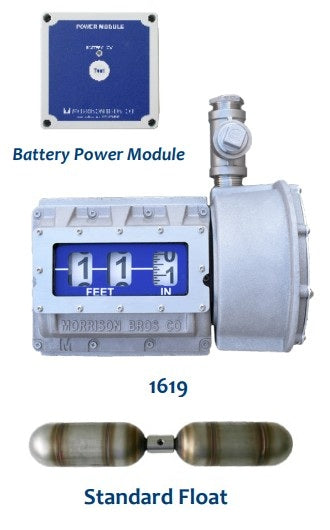 Morrison Brothers Co. 1619, 1619M, Mechanical vertical tank gauge, 1619 tank gauge with alarm relay, Vertical tank level indicator, Industrial tank level gauge, Fuel tank level measurement device, Gauge for vertical tanks up to 50 feet, Tank gauge for oil, fuel, or water storage,  Industrial liquid level monitoring,  External alarm box compatible gauge, Uni-Strut tank mounting bracket gauge. Battery Power Module. Standard Float, Drop Tube Float.