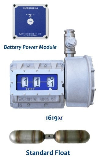 Morrison Brothers Co. 1619, 1619M, Mechanical vertical tank gauge, 1619 tank gauge with alarm relay, Vertical tank level indicator, Industrial tank level gauge, Fuel tank level measurement device, Gauge for vertical tanks up to 50 feet, Tank gauge for oil, fuel, or water storage,  Industrial liquid level monitoring,  External alarm box compatible gauge, Uni-Strut tank mounting bracket gauge. Battery Power Module. Standard Float, Drop Tube Float.