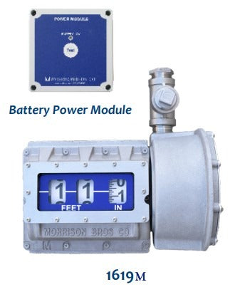 Morrison Brothers Co. 1619, 1619M, Mechanical vertical tank gauge, 1619 tank gauge with alarm relay, Vertical tank level indicator, Industrial tank level gauge, Fuel tank level measurement device, Gauge for vertical tanks up to 50 feet, Tank gauge for oil, fuel, or water storage,  Industrial liquid level monitoring,  External alarm box compatible gauge, Uni-Strut tank mounting bracket gauge. Battery Power Module. 