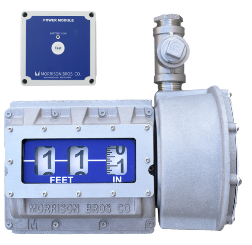 Morrison Brothers Co. 1619, 1619M, Mechanical vertical tank gauge, 1619 tank gauge with alarm relay, Vertical tank level indicator, Industrial tank level gauge, Fuel tank level measurement device, Gauge for vertical tanks up to 50 feet, Tank gauge for oil, fuel, or water storage,  Industrial liquid level monitoring,  External alarm box compatible gauge, Uni-Strut tank mounting bracket gauge.