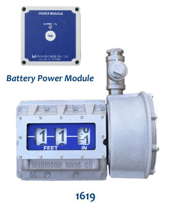 Morrison Brothers Co. 1619, 1619M, Mechanical vertical tank gauge, 1619 tank gauge with alarm relay, Vertical tank level indicator, Industrial tank level gauge, Fuel tank level measurement device, Gauge for vertical tanks up to 50 feet, Tank gauge for oil, fuel, or water storage,  Industrial liquid level monitoring,  External alarm box compatible gauge, Uni-Strut tank mounting bracket gauge. Battery Power Module. 