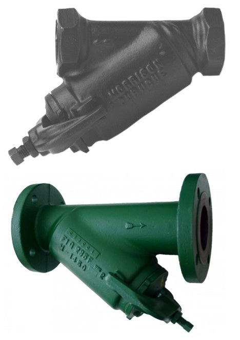 Morrison Brothers Co, 285DI, 285FDI, Bottom Clean-Out Line Strainer - Threaded, Ductile Iron, Bottom Clean-Out Line Strainer - Flanged, Ductile Iron,  filter debris from flowing into and damaging equipment such as a pump or a meter, Strainer basket is removable for cleaning and/or replacement, Basket access is from the bottom. 