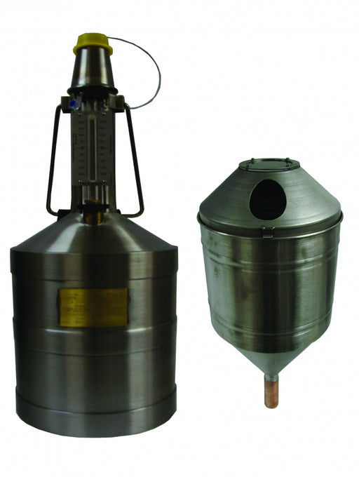 Morrison Brothers Co, 449CVR, fuel dispenser test measure, liquid dispensing calibration container, 20 liter stainless steel test measure, Measurement Canada approved test equipment, fuel pump accuracy testing tool, vapor retention funnel for fuel testing, high resolution neck calibration measure, retail fuel dispenser verification equipment, stainless steel calibration container, metered output verification tool. Prover and Funnel.