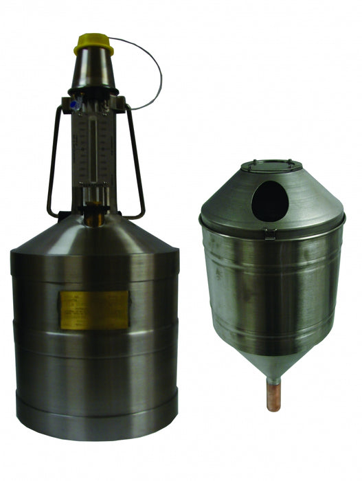 Morrison Brothers Co, 449CVR, fuel dispenser test measure, liquid dispensing calibration container, 20 liter stainless steel test measure, Measurement Canada approved test equipment, fuel pump accuracy testing tool, vapor retention funnel for fuel testing, high resolution neck calibration measure, retail fuel dispenser verification equipment, stainless steel calibration container, metered output verification tool. Prover and Funnel.