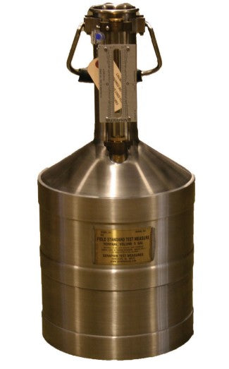 Morrison Brothers Co, 449S, 5 gallon stainless steel test measure, liquid dispensing calibration container, OIML R-120 compliant test measure, NIST Handbook 105-3 calibration equipment, API standard liquid measuring container, graduated neck calibration measure, precision liquid measurement tool, stainless steel calibration vessel, fuel dispenser accuracy testing equipment, metered output verification container.