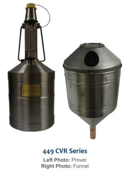 Morrison Brothers Co, 449CVR, fuel dispenser test measure, liquid dispensing calibration container, 20 liter stainless steel test measure, Measurement Canada approved test equipment, fuel pump accuracy testing tool, vapor retention funnel for fuel testing, high resolution neck calibration measure, retail fuel dispenser verification equipment, stainless steel calibration container, metered output verification tool. Prover and Funnel.