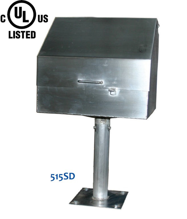 Morrison Brothers Co, 515SD, 515SDST, stainless steel remote fill container, 15-gallon spill containment, lockable vented lid, gas‑spring lid assist, single or dual threaded fuel connections, 2-inch return pump connection, integrated sump drain with locking ball valve, stainless adjustable four‑leg stand, UL 2583 listed, Florida DEP EQ 535 compliant. 