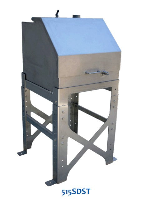 Morrison Brothers Co, 515SD, 515SDST, stainless steel remote fill container, 15-gallon spill containment, lockable vented lid, gas‑spring lid assist, single or dual threaded fuel connections, 2-inch return pump connection, integrated sump drain with locking ball valve, stainless adjustable four‑leg stand, UL 2583 listed, Florida DEP EQ 535 compliant. 