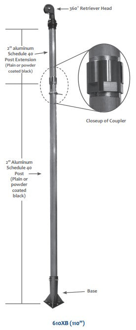 Morrison Brothers Co, 610XB, Hose Retriever With Square Base, Smooth operation—counterweight assemblies
matched with specified hose diameters and lengths, 360º rotating retriever head assists the operator in
positioning the hose to the fueling point,  Pre-cut post and all required components included, Minimal maintenance—durable construction and
minimal moving parts, Comes with square base.