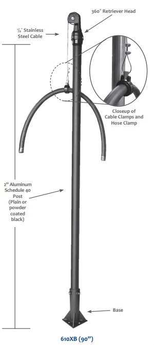 Morrison Brothers Co, 610XB, Hose Retriever With Square Base, Smooth operation—counterweight assemblies
matched with specified hose diameters and lengths, 360º rotating retriever head assists the operator in
positioning the hose to the fueling point,  Pre-cut post and all required components included, Minimal maintenance—durable construction and
minimal moving parts, Comes with square base.