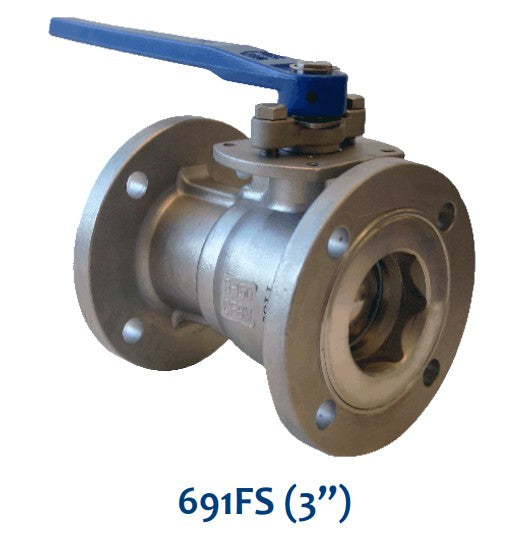 Morrison Brothers Co, 691FS, One Piece Regular Port Flanged Ball Valve, Blowout-proof stem, Adjustable stem packing, 150# raise face flanges, Quarter-turn operation, API 607 4th Edition Fire Safe approval, Temperature rating -50°F (-45.5°C) to 475°F (246°C), 275 PSI maximum operating pressure, Lockable with a padlock, Body, cap, and ball are 316 stainless steel, Seat is ME-PTFE (Molecularly Enhanced PTFE). 
