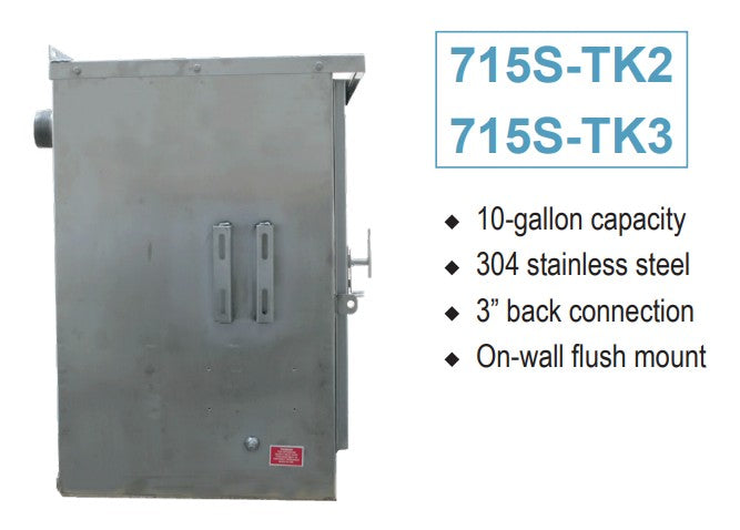 Morrison Brothers Co, 715, AST Remote Fill Box, On Wall. 715 Series 10‑gallon remote fill box, vented weatherproof lockable steel cabinet, 2‑inch and 3‑inch NPT or flange connections, sloped bottom with drain and hand pump, quick or dry disconnect options, vapor recovery compatible, powder‑coated or stainless steel construction, UL‑2583 approved.