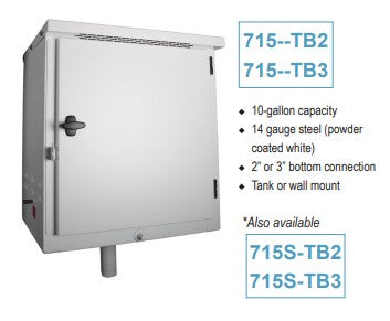 Morrison Brothers Co, 715, Remote Fill Box, Bottom Connection. 715 Series remote fill box, 10‑gallon capacity steel cabinet, powder‑coated white, 14‑gauge construction, sloped bottom with front drain, pad‑lockable door, grounding stud, vapor recovery brackets, 2‑ or 3‑inch NPT bottom connection, UL‑2583 and Florida DEP EQ‑787 approved