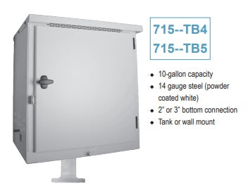 Morrison Brothers Co, 715, Remote Fill Box, Bottom Connection. 715 Series remote fill box, 10‑gallon capacity steel cabinet, powder‑coated white, 14‑gauge construction, sloped bottom with front drain, pad‑lockable door, grounding stud, vapor recovery brackets, 2‑ or 3‑inch NPT bottom connection, UL‑2583 and Florida DEP EQ‑787 approved