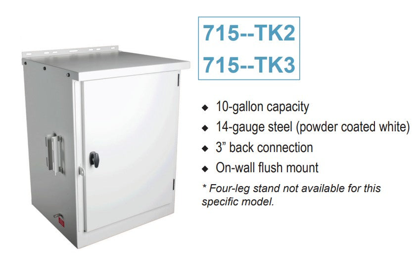 Morrison Brothers Co, 715, AST Remote Fill Box, On Wall. 715 Series 10‑gallon remote fill box, vented weatherproof lockable steel cabinet, 2‑inch and 3‑inch NPT or flange connections, sloped bottom with drain and hand pump, quick or dry disconnect options, vapor recovery compatible, powder‑coated or stainless steel construction, UL‑2583 approved.