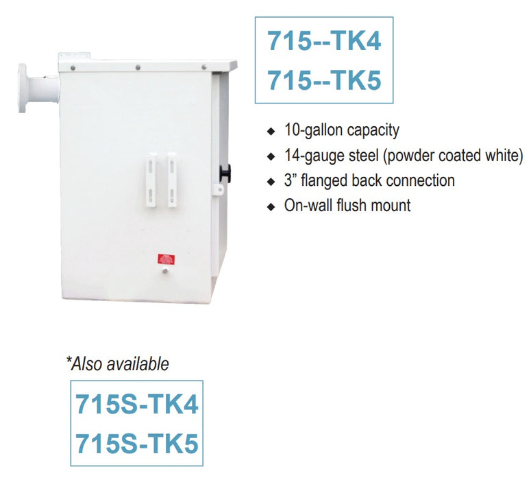 Morrison Brothers Co, 715, AST Remote Fill Box, On Wall. 715 Series 10‑gallon remote fill box, vented weatherproof lockable steel cabinet, 2‑inch and 3‑inch NPT or flange connections, sloped bottom with drain and hand pump, quick or dry disconnect options, vapor recovery compatible, powder‑coated or stainless steel construction, UL‑2583 approved.