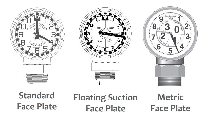 Clock Gauge, 818, 818F, 818T, 818TF, Morrison Brothers Co, Aboveground Tank, Measure Liquid Level, Liquid Level Reading, Feet, Inches, Easy Installation, Accurate to 1/8", Rotates 360 Degrees, Body, Float, Cable, Standard Float, Visual Indicator, High Level (Red), Low Level (Green), Face Plate