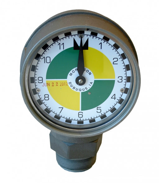 Mechanical tank gauge with bright green and yellow face, vapor-tight and fog-free design. Fits 2-inch tank top opening, cable attaches to floating suction arm. Rotates 360° for easy reading