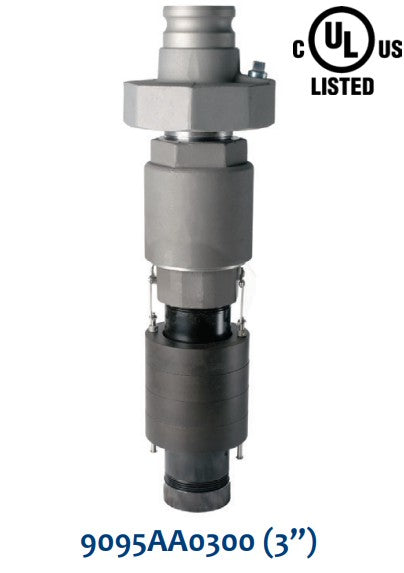 Morrison Brothers Co, FIG 9095AA, OVERFILL PREVENTION VALVE-AA Series (3") 9095AA3300 (3"), 9095AF (3”)• Installs on tank top by threading onto a 6" male NPT riser • Direct fill adaptor has 3" male quick disconnect
• Remote adaptor has 3" female NPT inlet threads for piping to remote fill point • Full flow until shut-off point
• 1.23” of float height adjustment
• Integral pressure relief • Integral anti-siphon function • Optional test mechanism • Drop tube adaptor accepts 3" drop fill tubes (Morrison 419)
