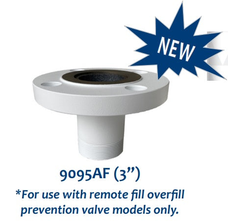 Morrison Brothers Co, FIG 9095AA, OVERFILL PREVENTION VALVE-AA Series (3") 9095AA3300 (3"), 9095AF (3”)• Installs on tank top by threading onto a 6" male NPT riser • Direct fill adaptor has 3" male quick disconnect
• Remote adaptor has 3" female NPT inlet threads for piping to remote fill point • Full flow until shut-off point
• 1.23” of float height adjustment
• Integral pressure relief • Integral anti-siphon function • Optional test mechanism • Drop tube adaptor accepts 3" drop fill tubes (Morrison 419)
