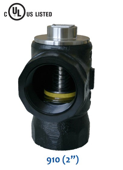Morrison Brothers Co, 910, Anti-Siphon Valves, fuel tank safety valve, leak prevention valve, normally closed valve, thermal expansion relief valve, high-flow anti-siphon valve, ductile iron valve with stainless steel components, Viton seal anti-siphon valve, cULus listed valve, 90-degree anti-siphon valve for easy piping, tamper-proof cap anti-siphon valve, valve with integrated thermal expansion relief, anti-siphon valve rated for 50 PSI operating pressure.