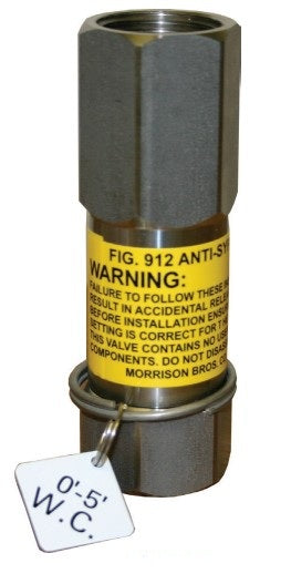 Morrison Brothers Co, 912, anti-siphon valve, stainless steel valve, industrial fluid control, tank siphon prevention, normally closed valve, integrated expansion relief, 304 stainless steel, 316 stainless steel, FKM disc, 200 PSI max pressure, horizontal and vertical installation. 