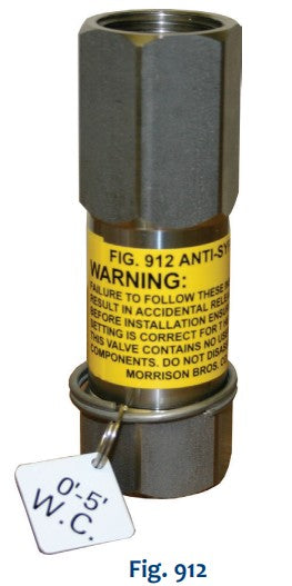 Morrison Brothers Co, 912, anti-siphon valve, stainless steel valve, industrial fluid control, tank siphon prevention, normally closed valve, integrated expansion relief, 304 stainless steel, 316 stainless steel, FKM disc, 200 PSI max pressure, horizontal and vertical installation. 