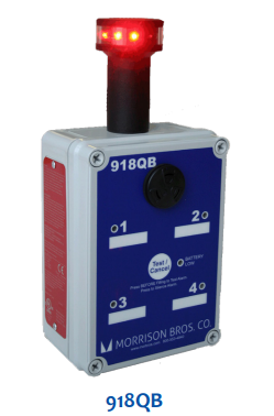 Morrison 918 Series Alarm Box, Rotating Beacon, Intrinsically Safe Audible Alarm and 360º Rotating, Visual Beacon, 918SB, 918DB, 918QB, 10 Red LED Lamps, 918SB is a single input channel tank alarm box,  918DB is a dual (2) input channel tank alarm box (input channel indicator
light on front panel), 918QB is a quad (4) input channel tank alarm box (input channel indicator
light on front panel), 90 dB audible alarm at 4 feet, Lithium Battery, 