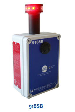 Morrison 918 Series Alarm Box, Rotating Beacon, Intrinsically Safe Audible Alarm and 360º Rotating, Visual Beacon, 918SB, 918DB, 918QB, 10 Red LED Lamps, 918SB is a single input channel tank alarm box,  918DB is a dual (2) input channel tank alarm box (input channel indicator
light on front panel), 918QB is a quad (4) input channel tank alarm box (input channel indicator
light on front panel), 90 dB audible alarm at 4 feet, Lithium Battery, 