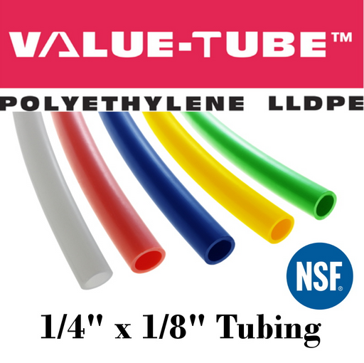 Pneumatic Tubing and Fittings, Hose, Pipe and Fittings, Air Hose, Polyethylene Tubing, Pneumatic Tubing, Polyethylene Tubing, Chemically Inert, BPA Free, UV-Stabilized, Phthalate Free, SF 61® Certified, Black Tubing, Navy Blue Tubing, Green Tubing, Natural Tubing, Red Tubing, Yellow Tubing, Natural Tubing, Value-Tube.  