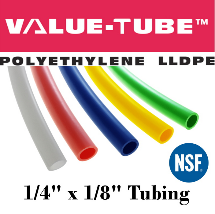 Pneumatic Tubing and Fittings, Hose, Pipe and Fittings, Air Hose, Polyethylene Tubing, Pneumatic Tubing, Polyethylene Tubing, Chemically Inert, BPA Free, UV-Stabilized, Phthalate Free, SF 61® Certified, Black Tubing, Navy Blue Tubing, Green Tubing, Natural Tubing, Red Tubing, Yellow Tubing, Natural Tubing, Value-Tube.  