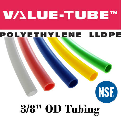 Pneumatic Tubing and Fittings, Hose, Pipe and Fittings, Air Hose, Polyethylene Tubing, Pneumatic Tubing, Polyethylene Tubing, Chemically Inert, BPA Free, UV-Stabilized, Phthalate Free, SF 61® Certified, Black Tubing, Navy Blue Tubing, Green Tubing, Natural Tubing, Red Tubing, Yellow Tubing, Natural Tubing, Value-Tube.  