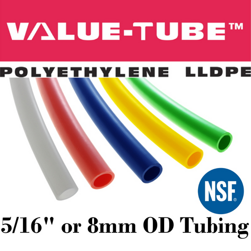 Pneumatic Tubing and Fittings, Hose, Pipe and Fittings, Air Hose, Polyethylene Tubing, Pneumatic Tubing, Polyethylene Tubing, Chemically Inert, BPA Free, UV-Stabilized, Phthalate Free, SF 61® Certified, Black Tubing, Navy Blue Tubing, Green Tubing, Natural Tubing, Red Tubing, Yellow Tubing, Natural Tubing, Value-Tube.  
