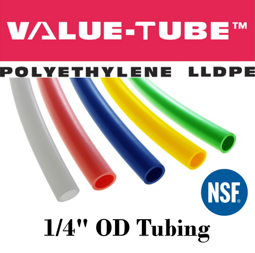 Pneumatic Tubing and Fittings, Hose, Pipe and Fittings, Air Hose, Polyethylene Tubing, Pneumatic Tubing, Polyethylene Tubing, Chemically Inert, BPA Free, UV-Stabilized, Phthalate Free, SF 61® Certified, Black Tubing, Navy Blue Tubing, Green Tubing, Natural Tubing, Red Tubing, Yellow Tubing, Natural Tubing, Value-Tube.  