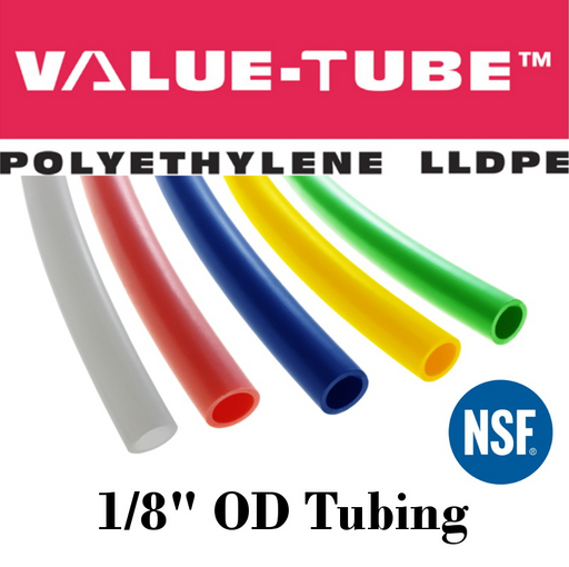 Pneumatic Tubing and Fittings, Hose, Pipe and Fittings, Air Hose, Polyethylene Tubing, Pneumatic Tubing, Polyethylene Tubing, Chemically Inert, BPA Free, UV-Stabilized, Phthalate Free, SF 61® Certified, Black Tubing, Navy Blue Tubing, Green Tubing, Natural Tubing, Red Tubing, Yellow Tubing, Natural Tubing, Value-Tube.  