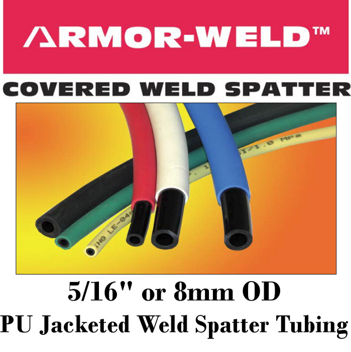 Pneumatic Tubing and Fittings, Pipe and Fittings, Air Hose, Pneumatic Tubing, Armored Jacket Protects Tubing in Welding Environments, Superior Kink-Resistance, High Abrasion-Resistant, UV-Resistant, Oil-Resistant, Flame-Retardant Cover, Resists Hydrolysis, Ozone-Resistant, Connections are Made by Stripping Jacket and Exposing Tubing Core, Resistant Tubing, Spatter Resistant Tubing, Armor-Weld, Tubing, Black Tubing, Green Tubing, Light Blue Tubing, Red Tubing, Yellow Tubing, White Tubing, PU Tubing,