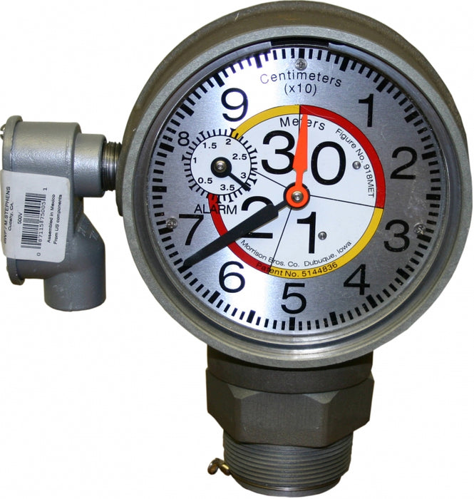 Aluminum gauge unit with stainless steel float and cable, 2-inch NPT/BSP male-female connection, vapor-tight construction, and 360-degree swivel for tank level monitoring. Plastic weatherproof alarm unit with 90-decibel high-pitched beep cycle, push-button test switch, powered by two 9-volt batteries, UL-listed design for tank safety.