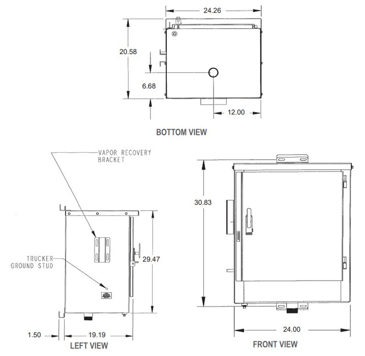 Morrison Brothers Co, 715, Remote Fill Box, Bottom Connection. 715 Series remote fill box, 10‑gallon capacity steel cabinet, powder‑coated white, 14‑gauge construction, sloped bottom with front drain, pad‑lockable door, grounding stud, vapor recovery brackets, 2‑ or 3‑inch NPT bottom connection, UL‑2583 and Florida DEP EQ‑787 approved