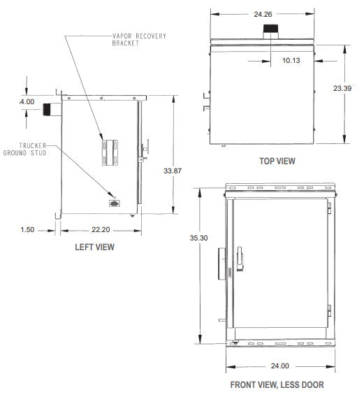 Morrison Brothers Co, 715, AST Remote Fill Box, On Wall. 715 Series 10‑gallon remote fill box, vented weatherproof lockable steel cabinet, 2‑inch and 3‑inch NPT or flange connections, sloped bottom with drain and hand pump, quick or dry disconnect options, vapor recovery compatible, powder‑coated or stainless steel construction, UL‑2583 approved.