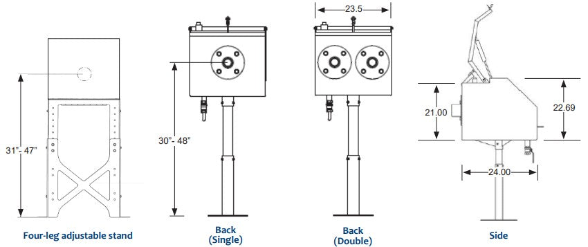 Morrison Brothers Co, 515SD, 515SDST, stainless steel remote fill container, 15-gallon spill containment, lockable vented lid, gas‑spring lid assist, single or dual threaded fuel connections, 2-inch return pump connection, integrated sump drain with locking ball valve, stainless adjustable four‑leg stand, UL 2583 listed, Florida DEP EQ 535 compliant. 