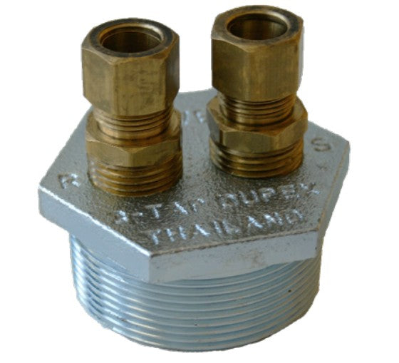 Morrison Brothers Co, Duplex Bushing, Convert A single tank or pipe opening to two smaller threaded openings. One opening is single tapped, Other opening double tapped. 184D.