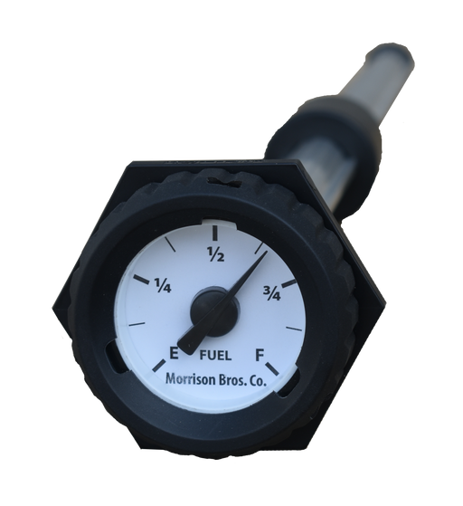 mechanical fuel tank level gauge, oil and water tank level indicator, generator tank liquid level gauge, IP67 fuel tank gauge for harsh environments, brass shaft mechanical gauge for fuel tanks, 
marine application fuel level gauge, easy-to-read dial tank gauge, NPT connection mechanical level gauge. Morrison Brothers Co. FIG 118